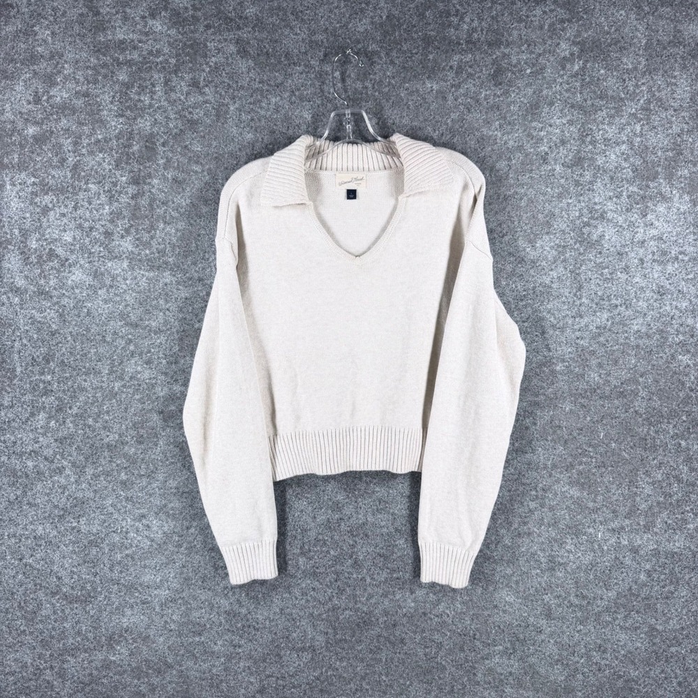 Universal Thread Womens Sz L Ivory Collared V Neck Pullover Sweater Cotton Blend